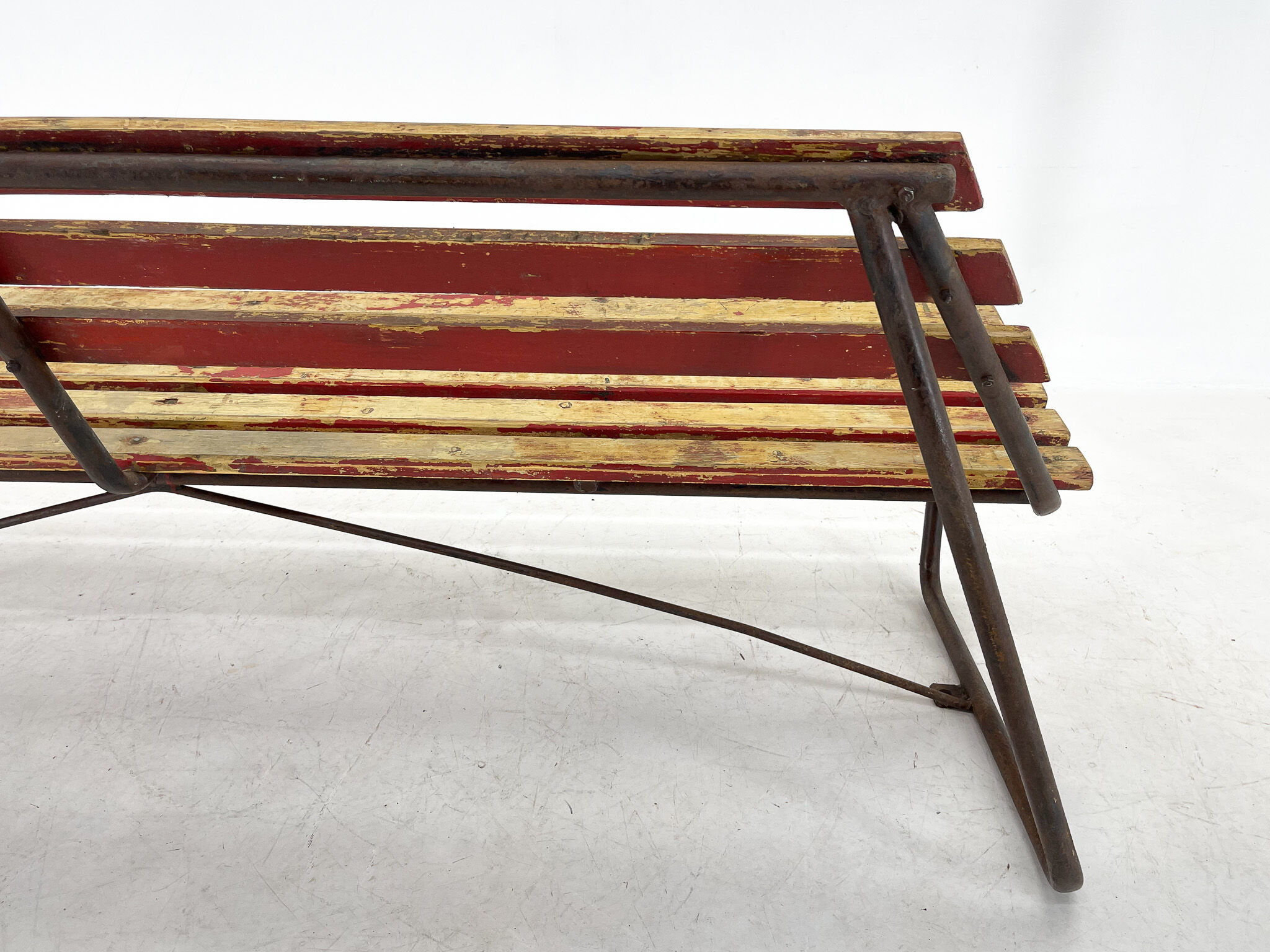 Vintage Industrial Slatted Bench with Original Patina