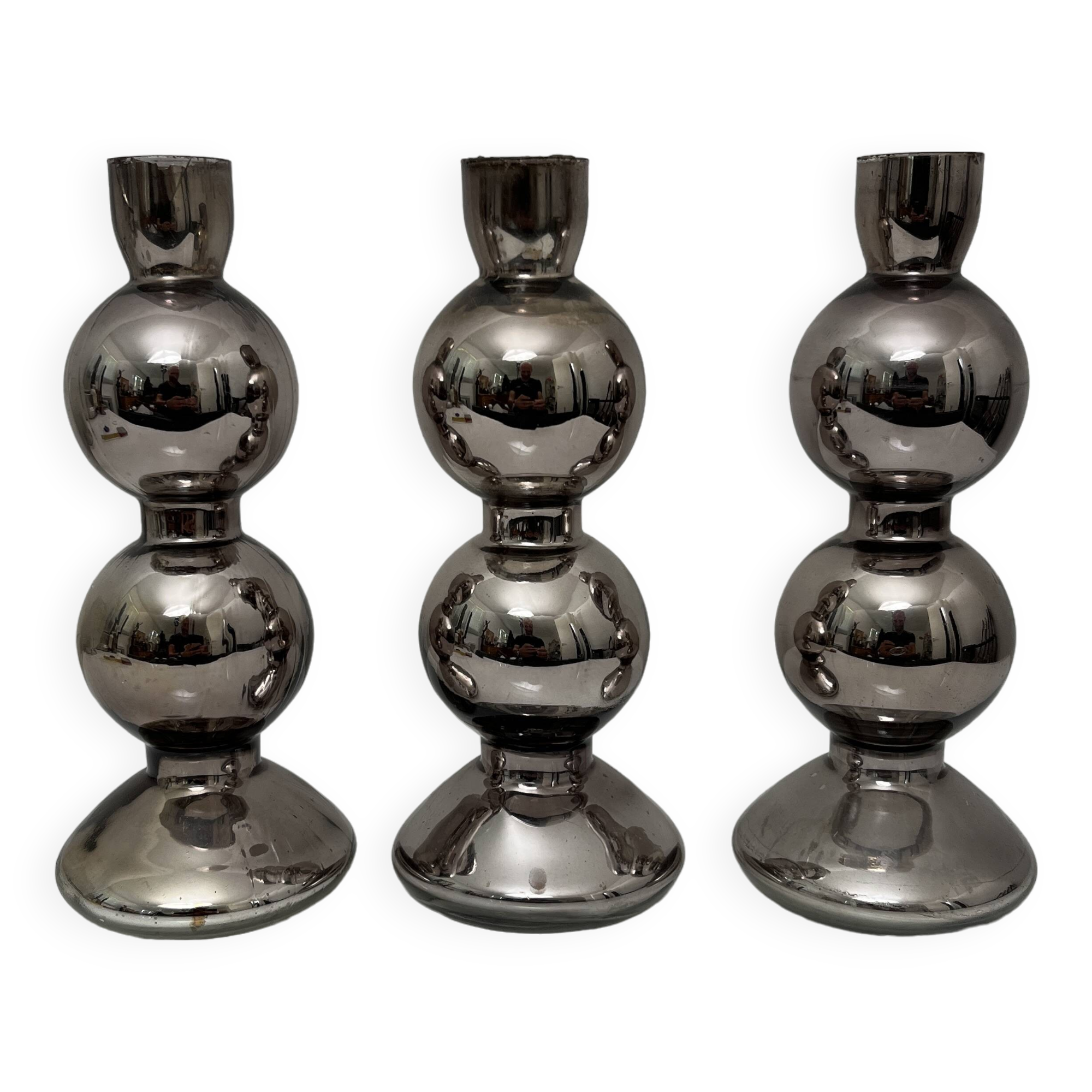 Set of 3 candlesticks in 20th century eglomise glass, vintage space age retro