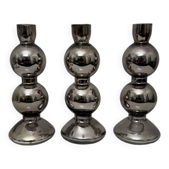 Set of 3 candlesticks in 20th century eglomise glass, vintage space age retro