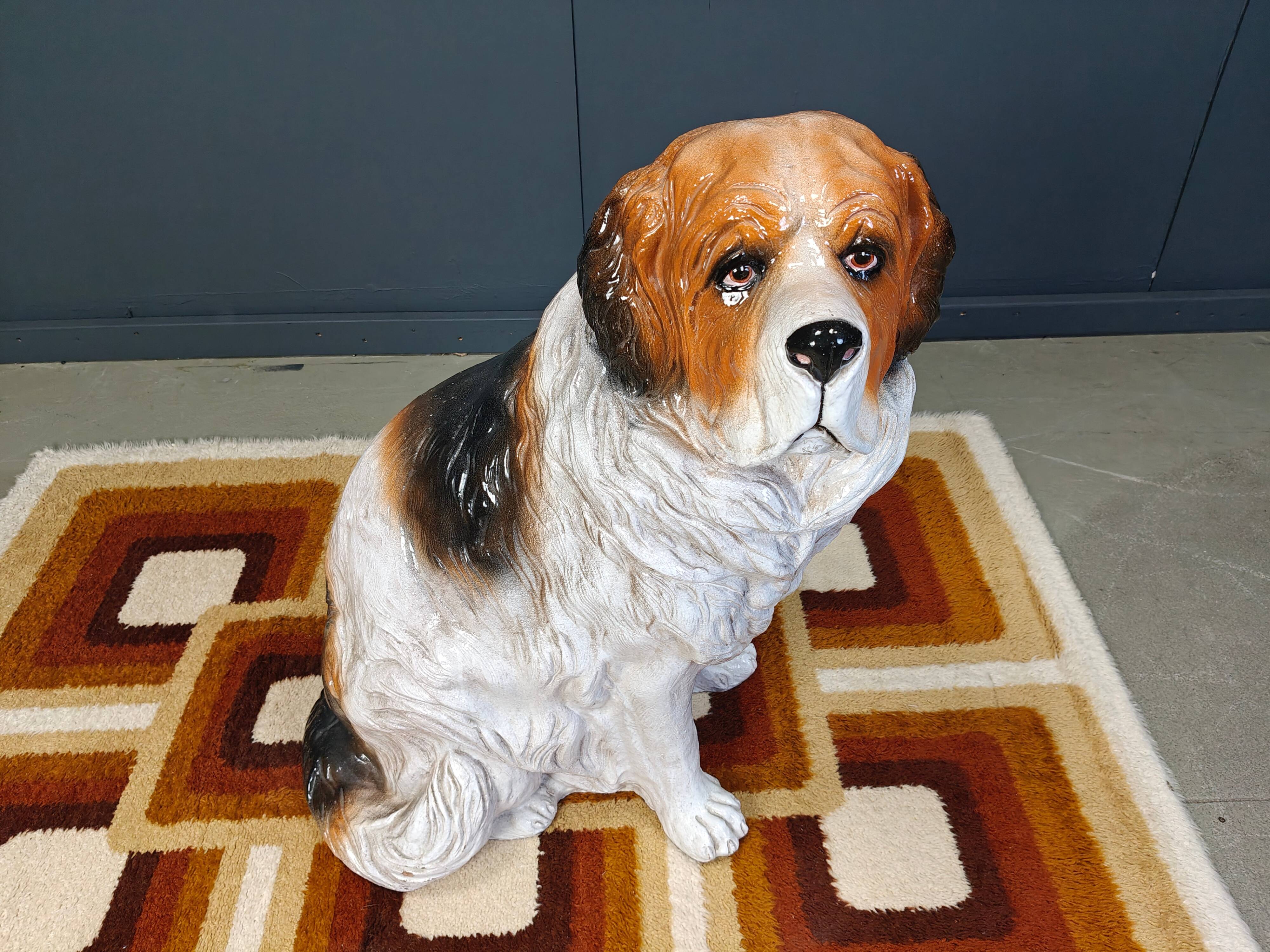 Life sized vintage glazed terracotta St Bernard dog sculpture, 1960s