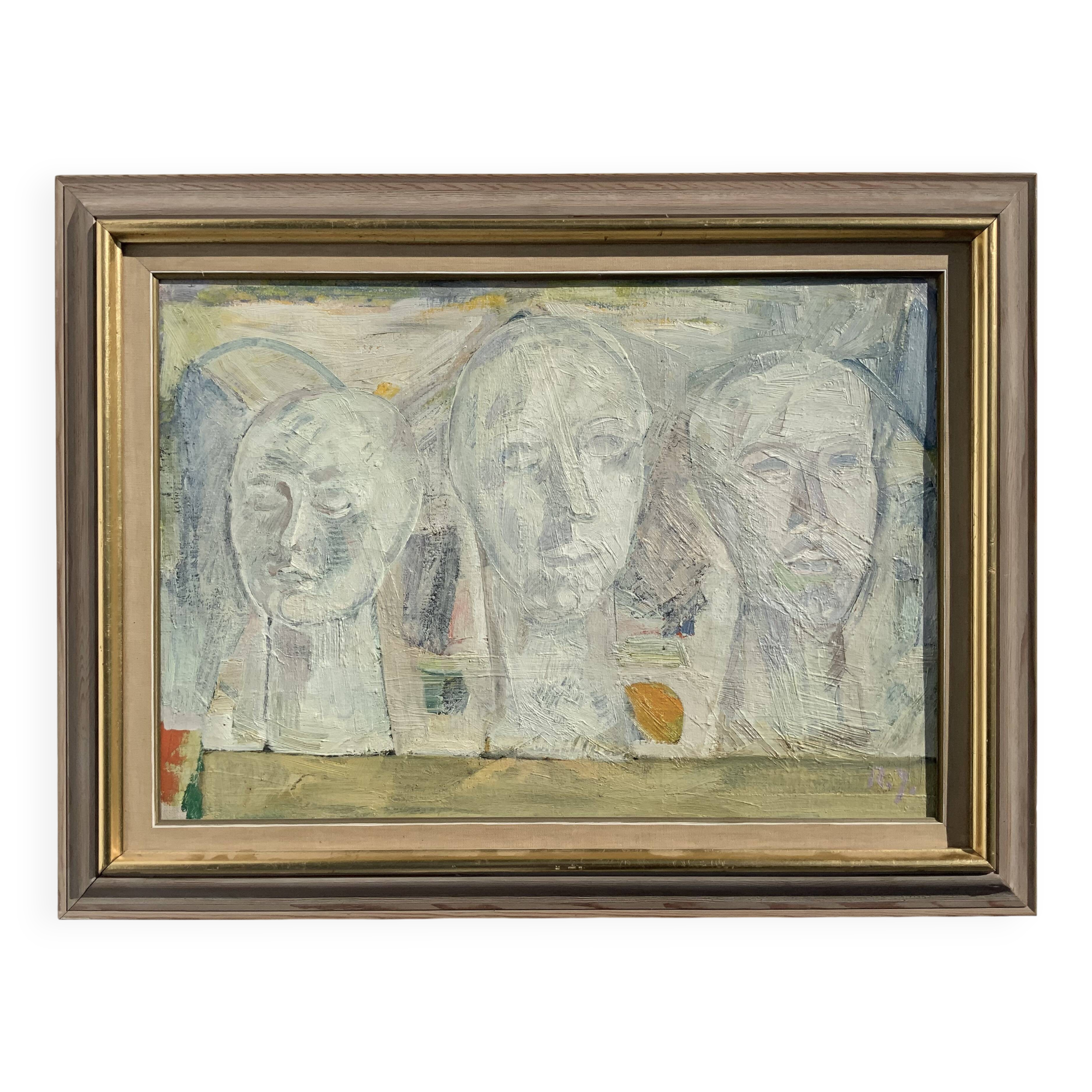 Vintage Modernist Composition with Heads Oil Painting signed by artist R.J. 1956