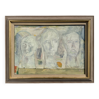 Vintage Modernist Composition with Heads Oil Painting signed by artist R.J. 1956