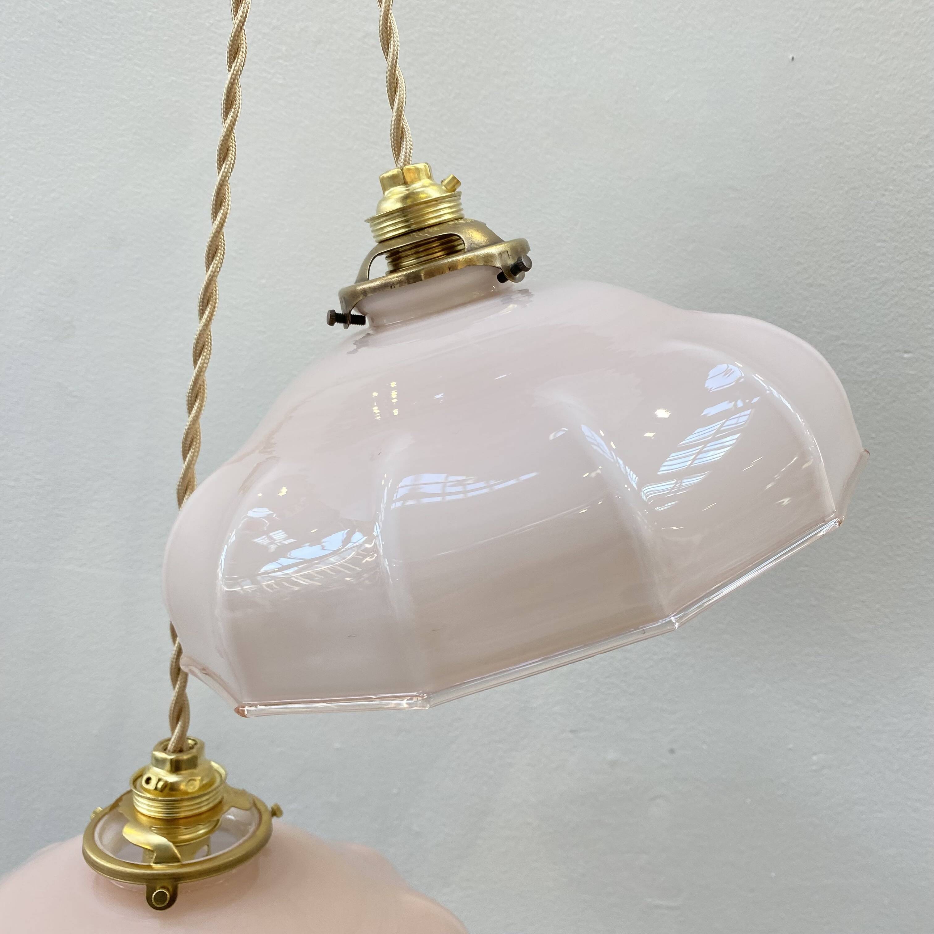 Pair of pale pink opaline pendant lights