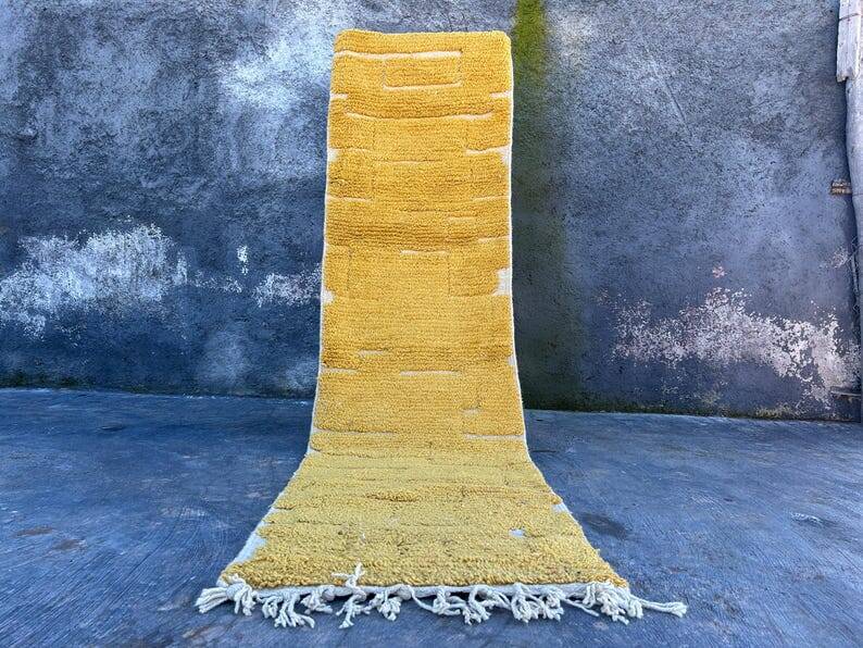Handmade pure wool carpet in mustard yellow, size 75/300cm.