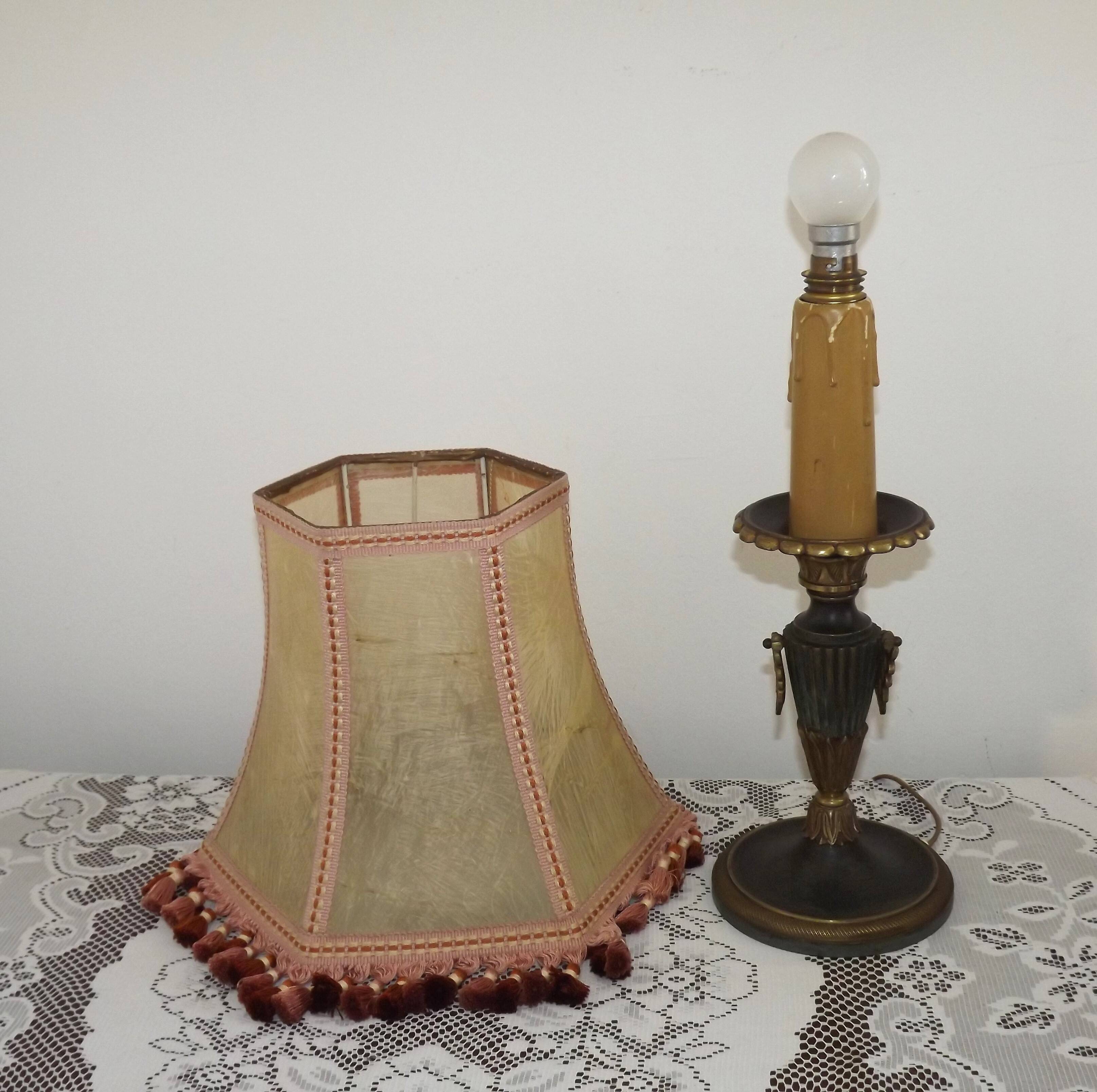 French Empire Style Green & Gold Brass Candlestick Table Lamp & Hide Shade