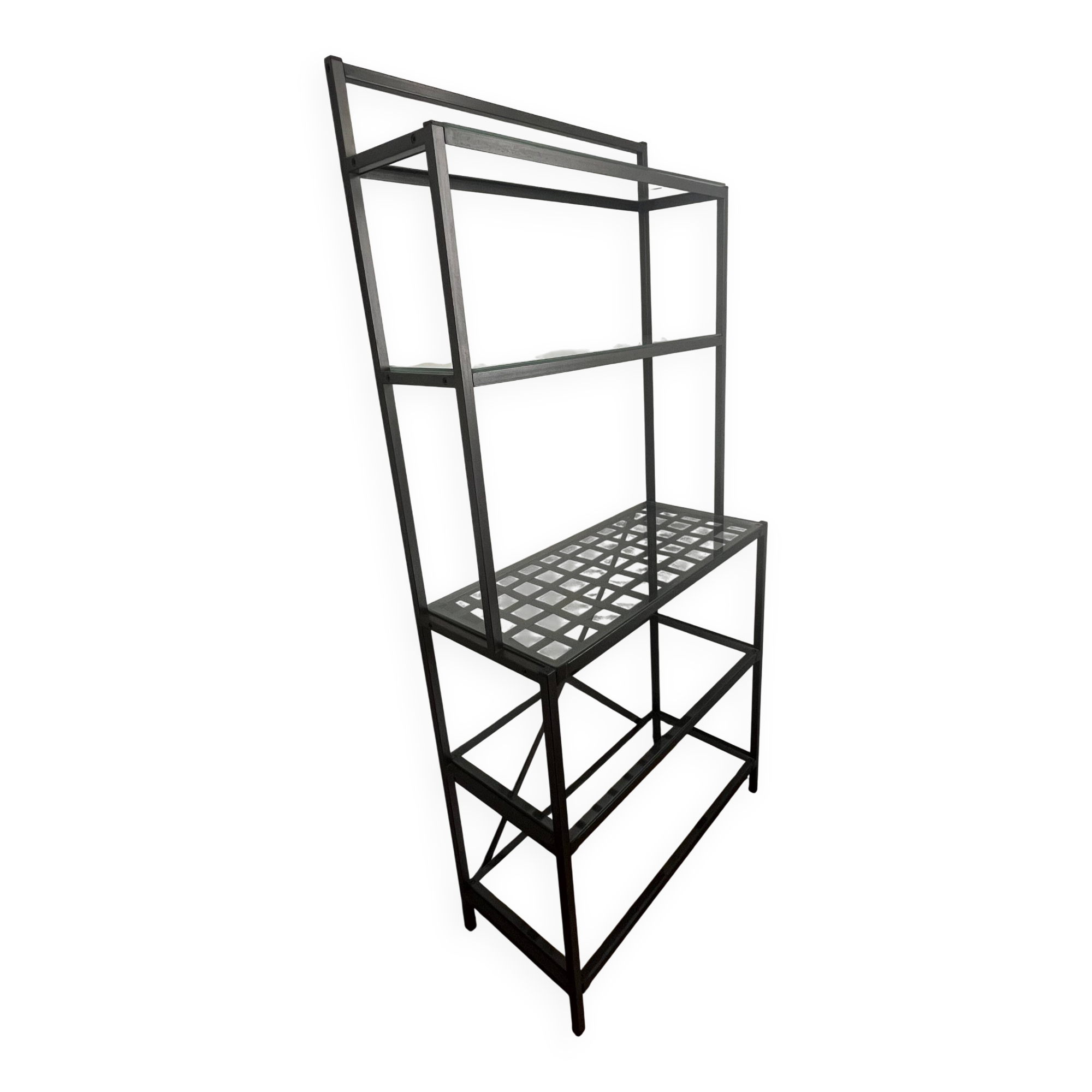 Black metal designer shelf with glass shelves