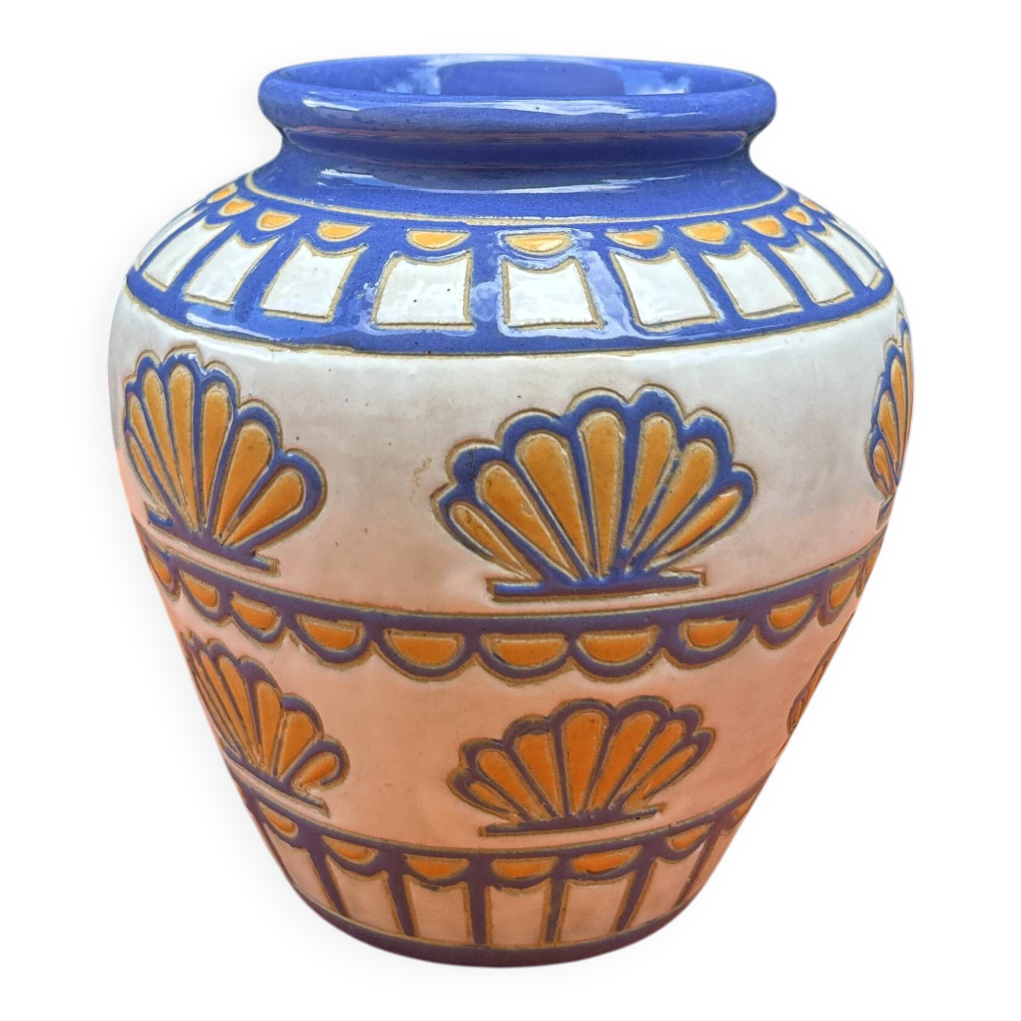 Vintage ceramic vase signed – Art Deco style in blue and orange