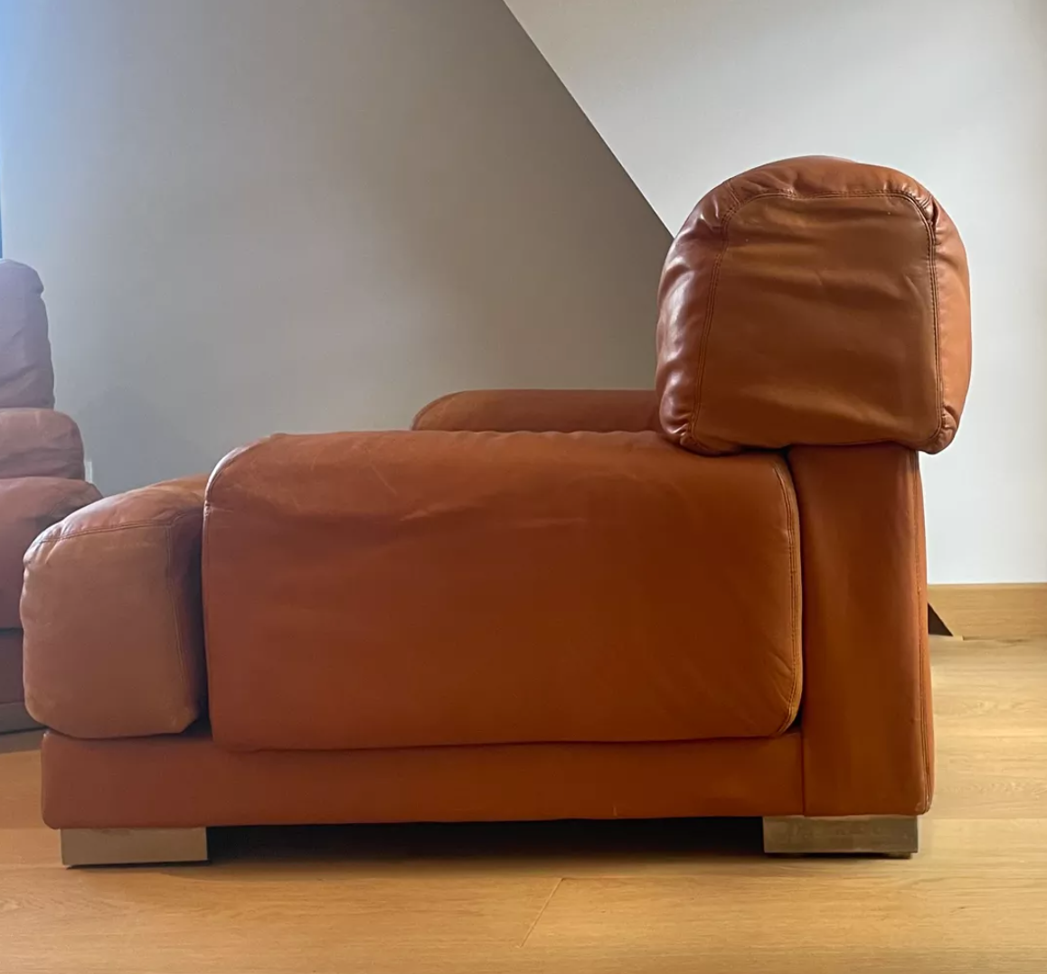 Pair of vintage armchairs Gérard Guermonprez tawny leather and stainless steel, France 1970