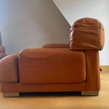 Pair of vintage armchairs Gérard Guermonprez tawny leather and stainless steel, France 1970