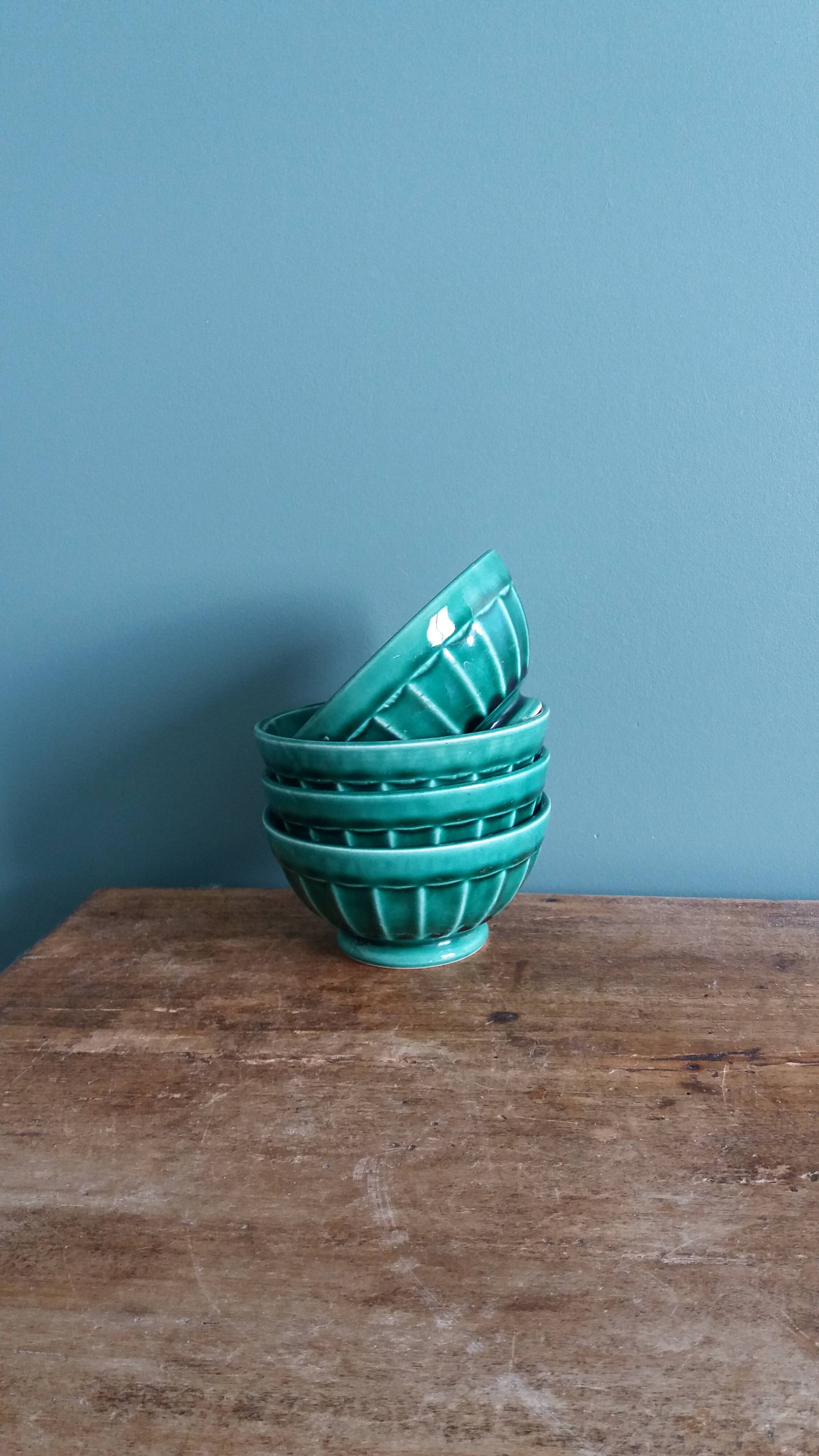 Emerald green glazed ceramic ribbed bowls