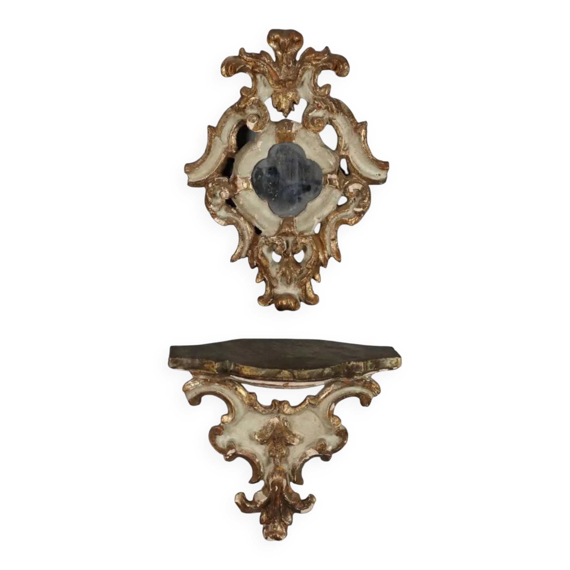 Shelf model with a carved wooden mirror, Baroque style, 19th century.