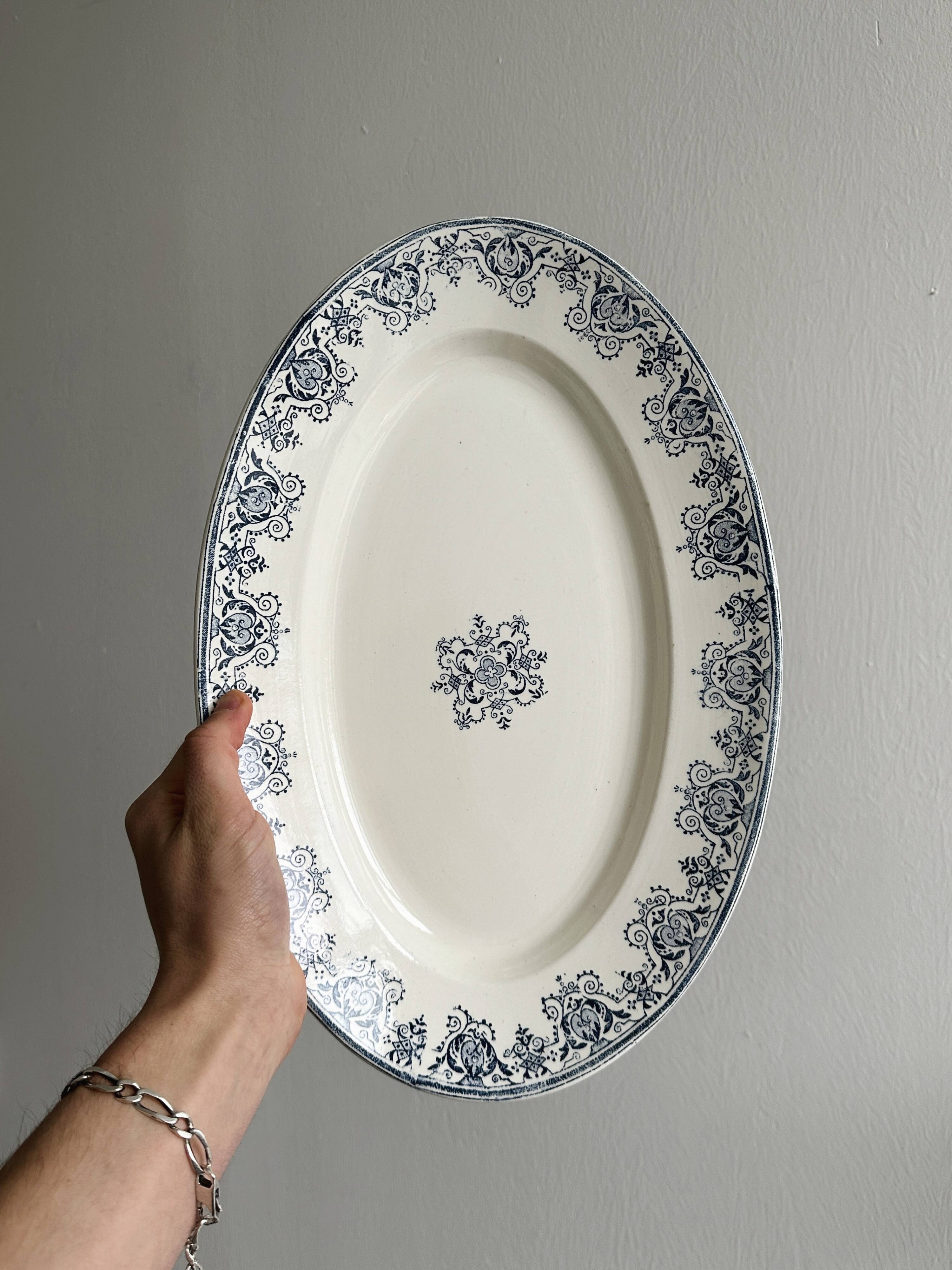 Oval ironstone dish with blue print