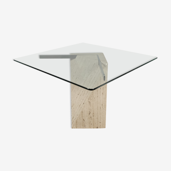 square dining table in travertine and glass , 80s