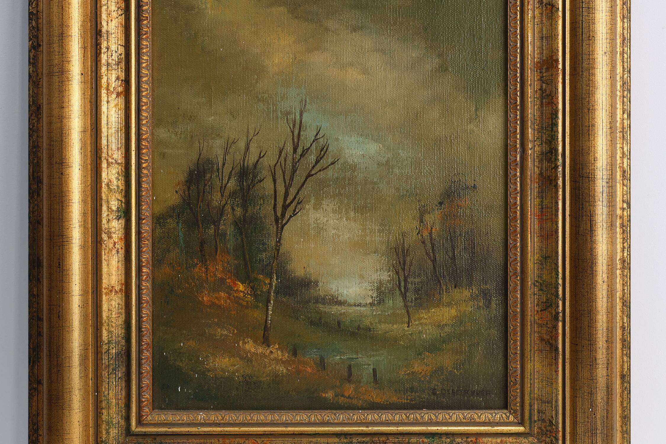 Signed Oil painting of a Landscape in Giltwood Frame, Belgium 1940s