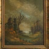 Signed Oil painting of a Landscape in Giltwood Frame, Belgium 1940s