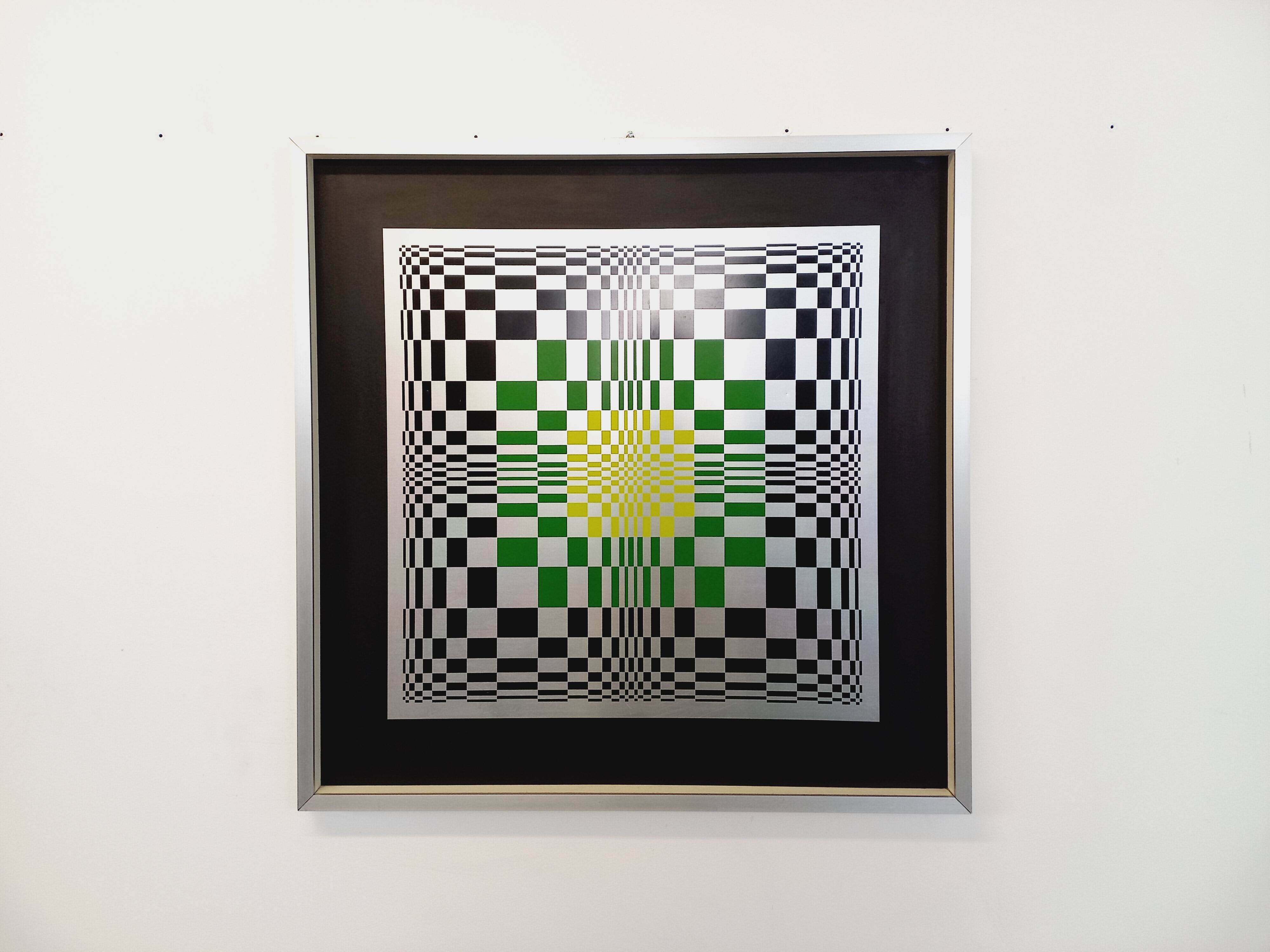 Typical silkscreen painting in kinetic checkerboard on aluminum, Italian abstract design in Vasarely style