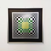 Typical silkscreen painting in kinetic checkerboard on aluminum, Italian abstract design in Vasarely style