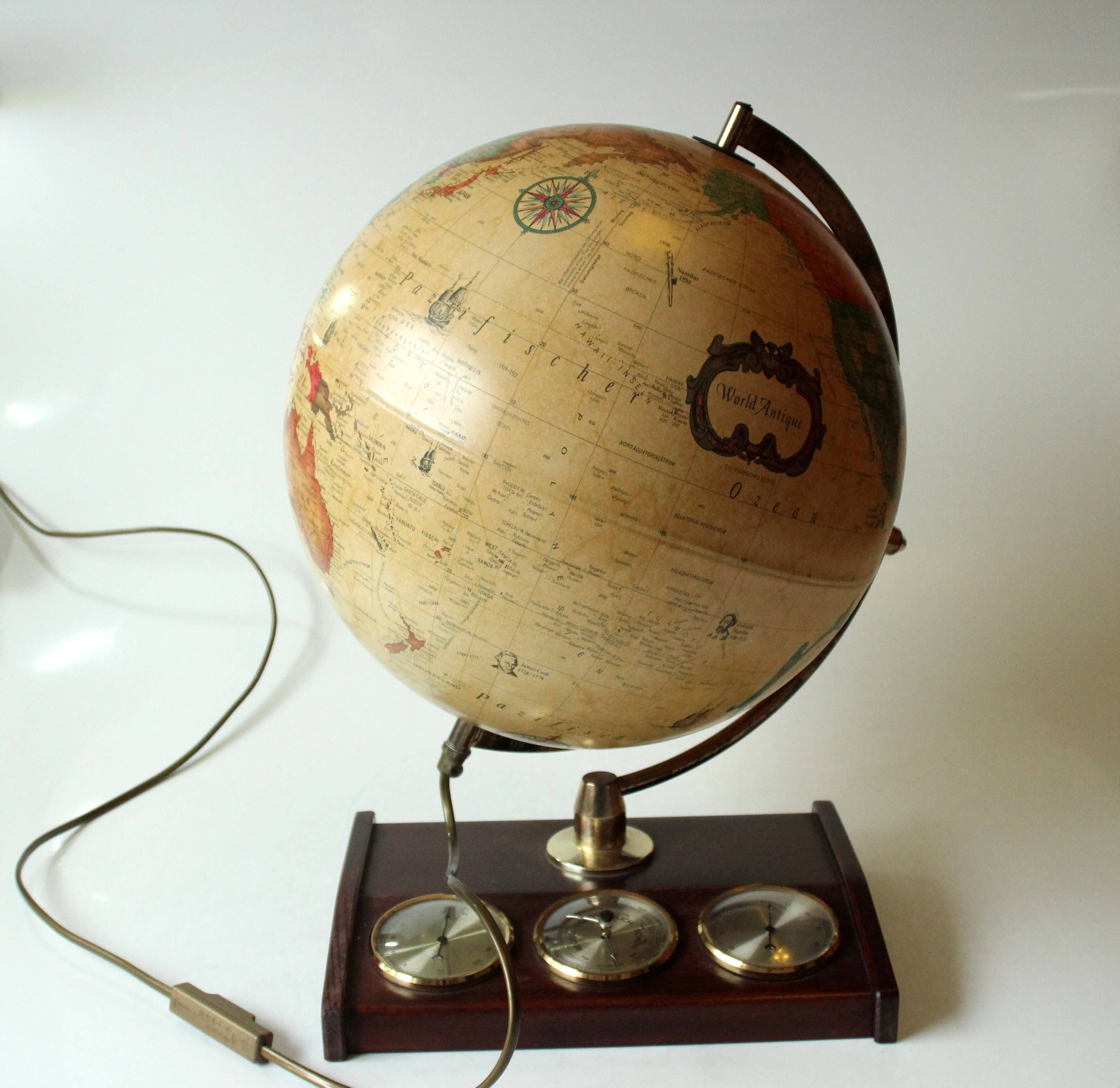 1980s danish illuminated globe (Scan-Globe) on a wooden foot with weather station