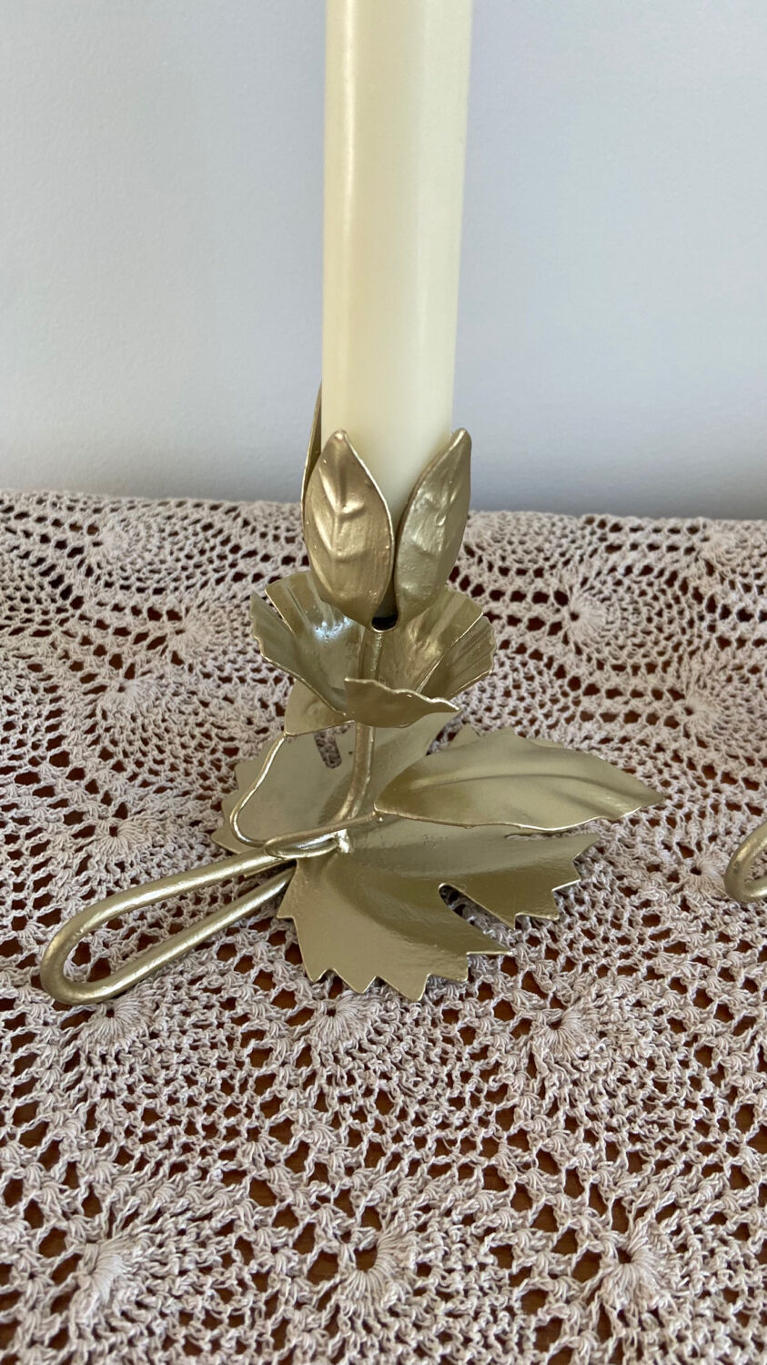 Pair of vintage flower candle holders in gold painted metal