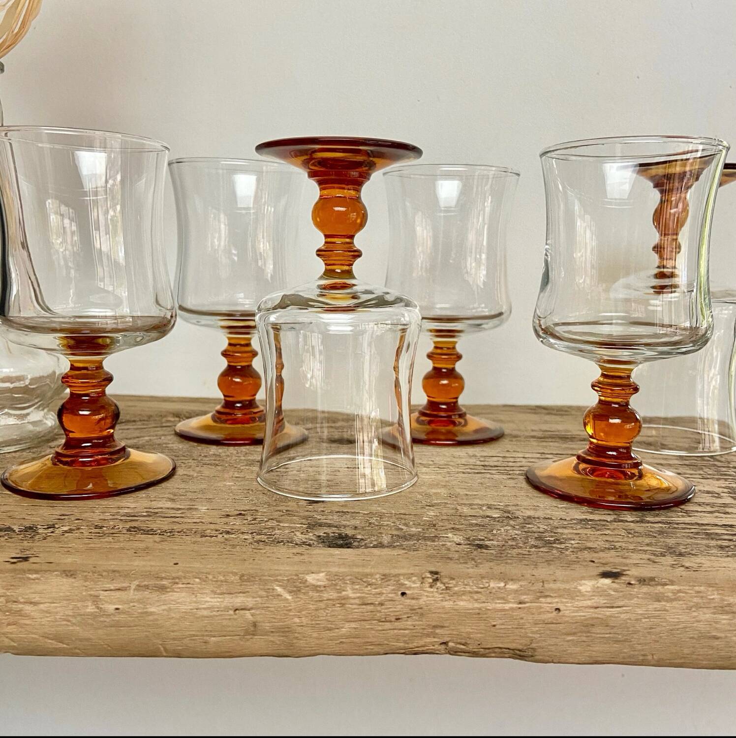 6 small vintage amber stemmed glasses