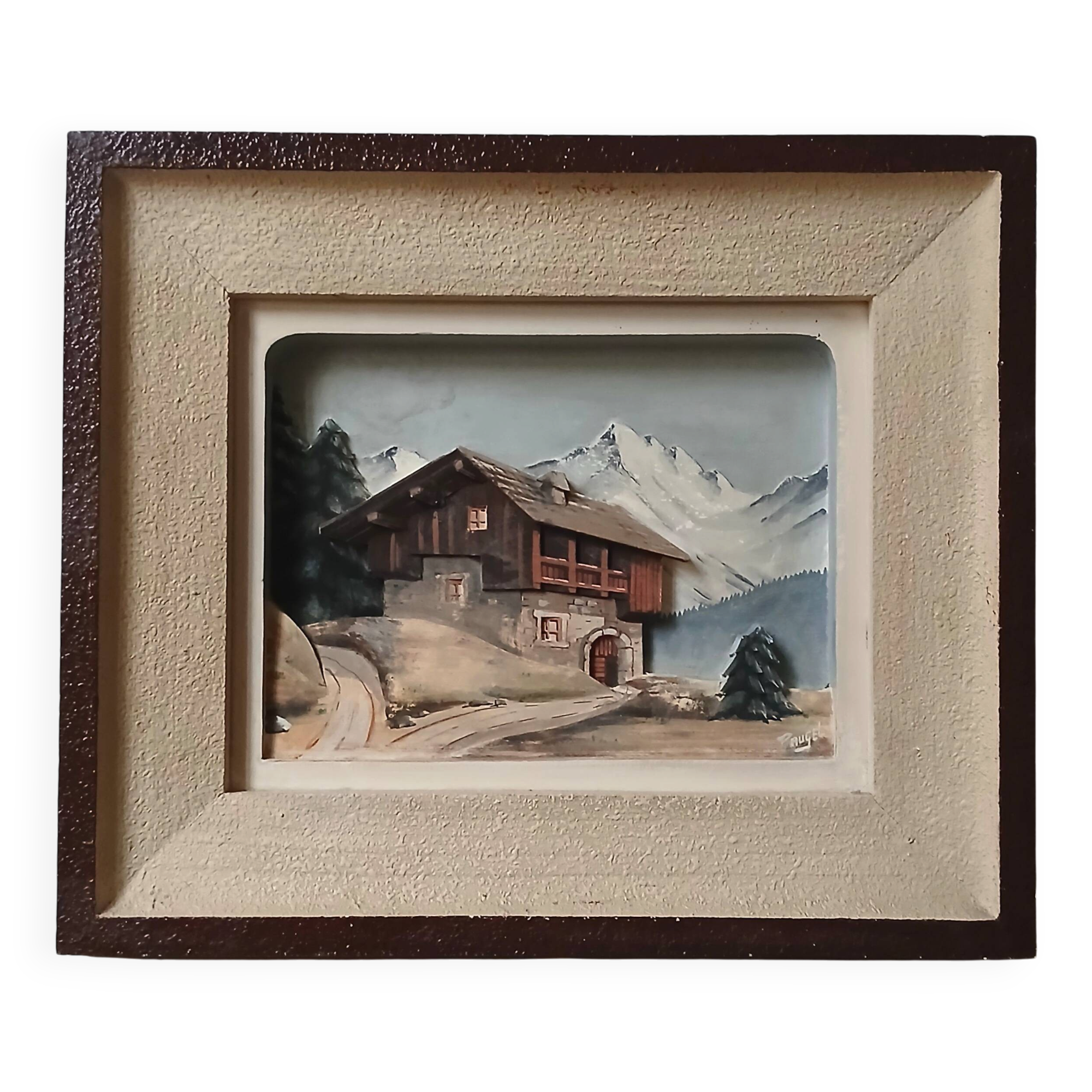 François Raugel, chalet in the mountains, painting on carved wood.