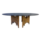 Bronze base 'Paul Evans' style coffee table with round smoked glass top