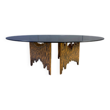 Bronze base 'Paul Evans' style coffee table with round smoked glass top