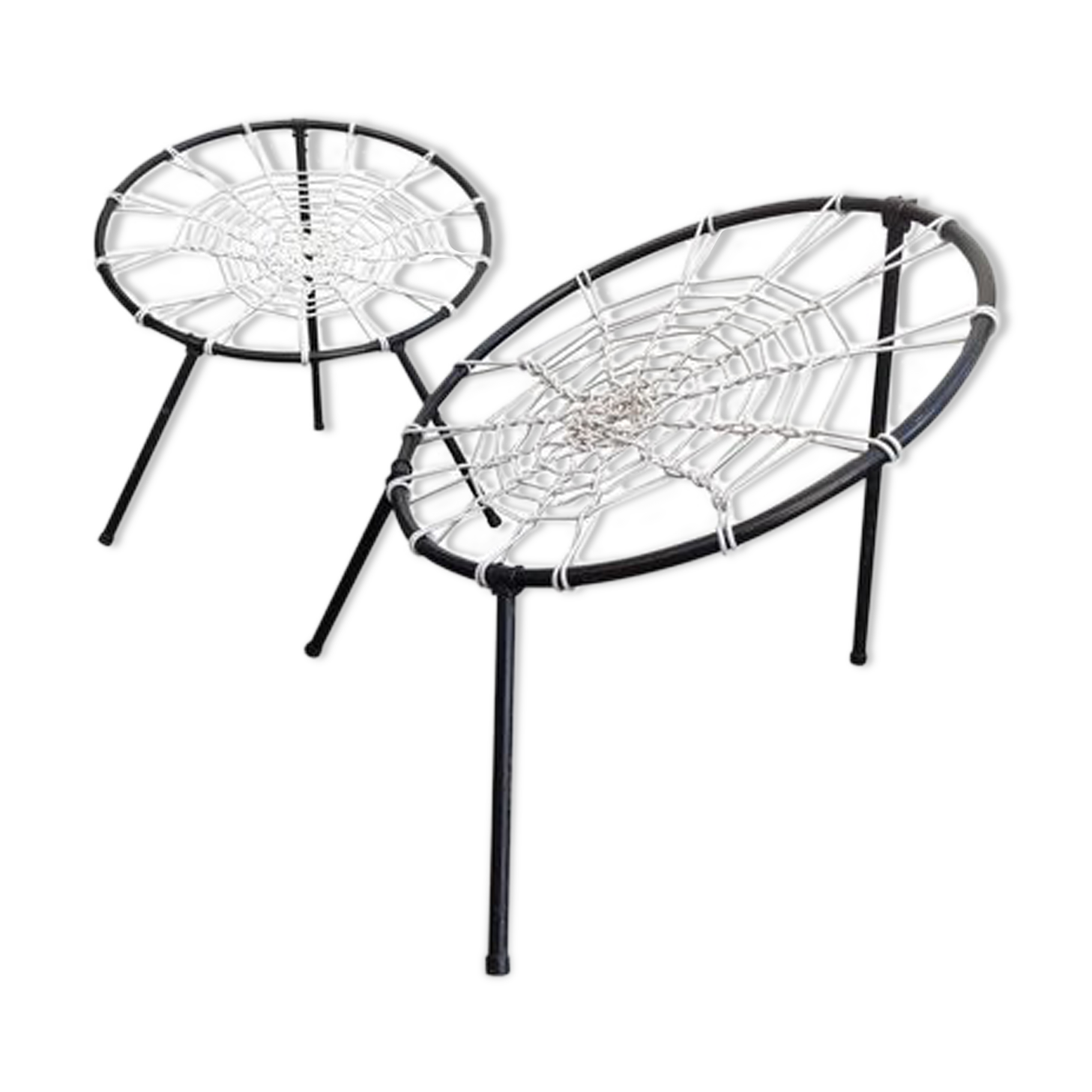 Set of two chairs with spider web seat by Hoffer, France 1958