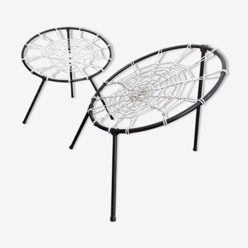 Set of two chairs with spider web seat by Hoffer, France 1958