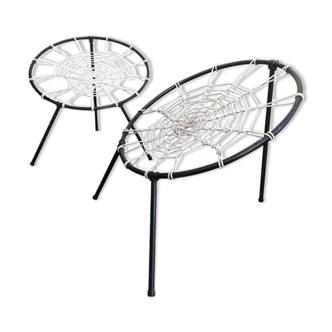 Set of two chairs with spider web seat by Hoffer, France 1958