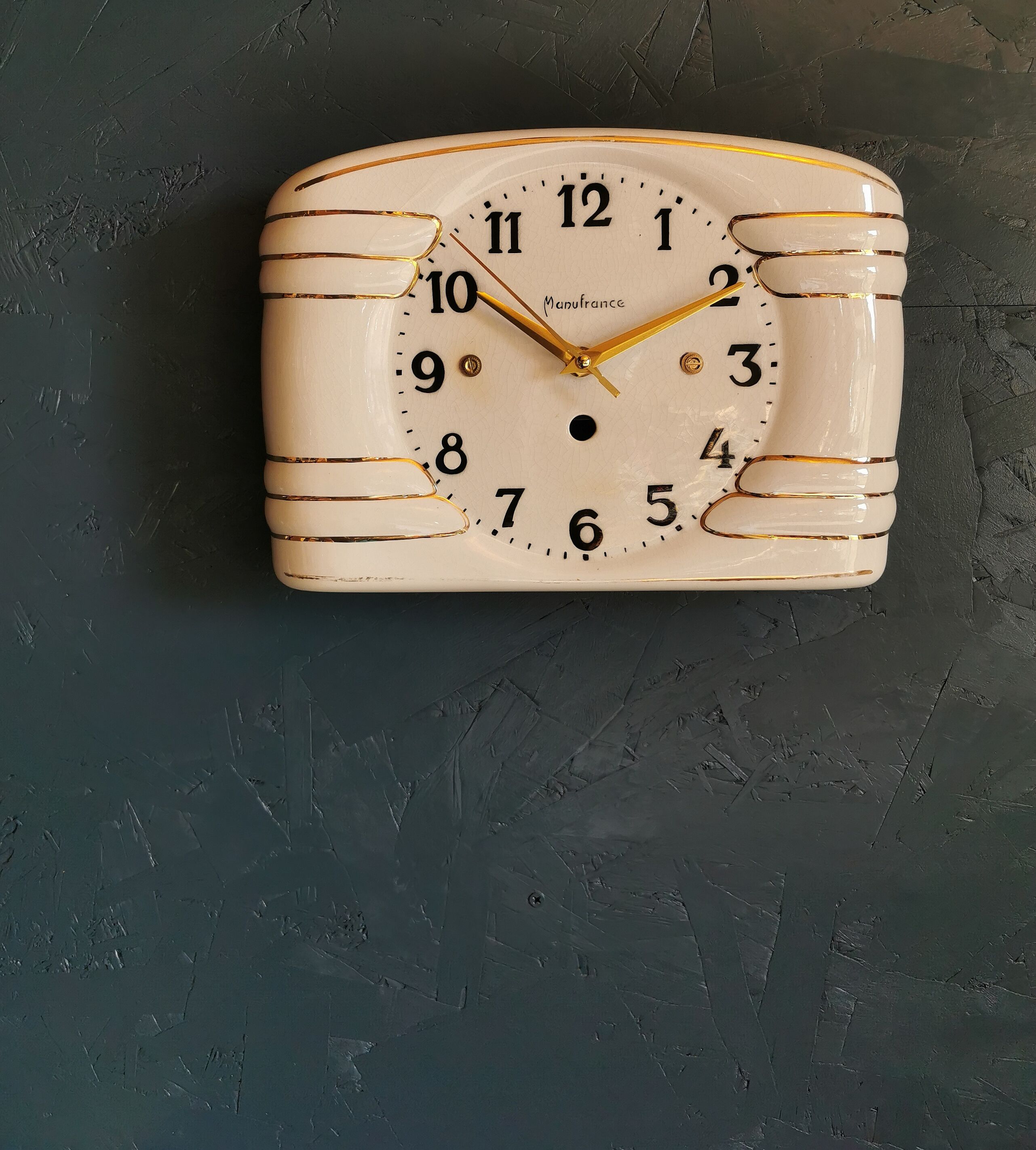 Vintage ceramic clock silent rectangular wall clock "Manufrance golden white"