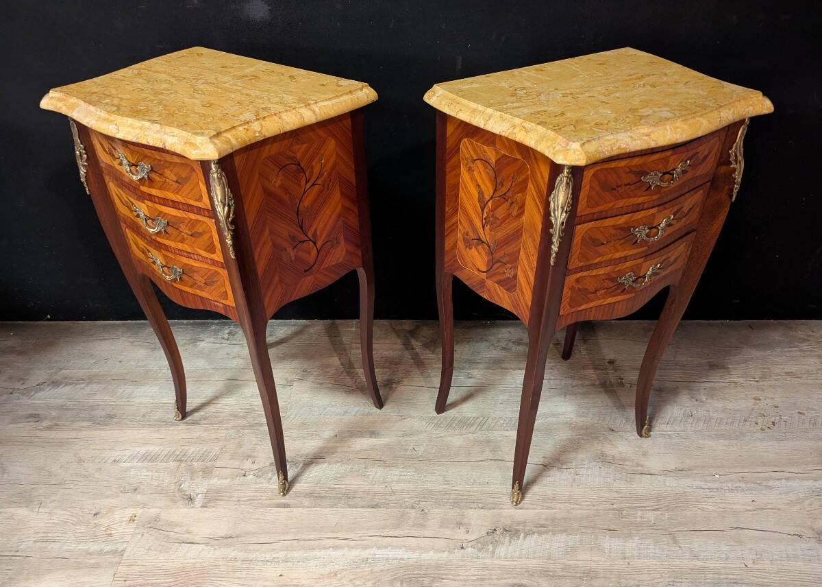 Louis XV style commode with marquetry and its pair of bedside tables.