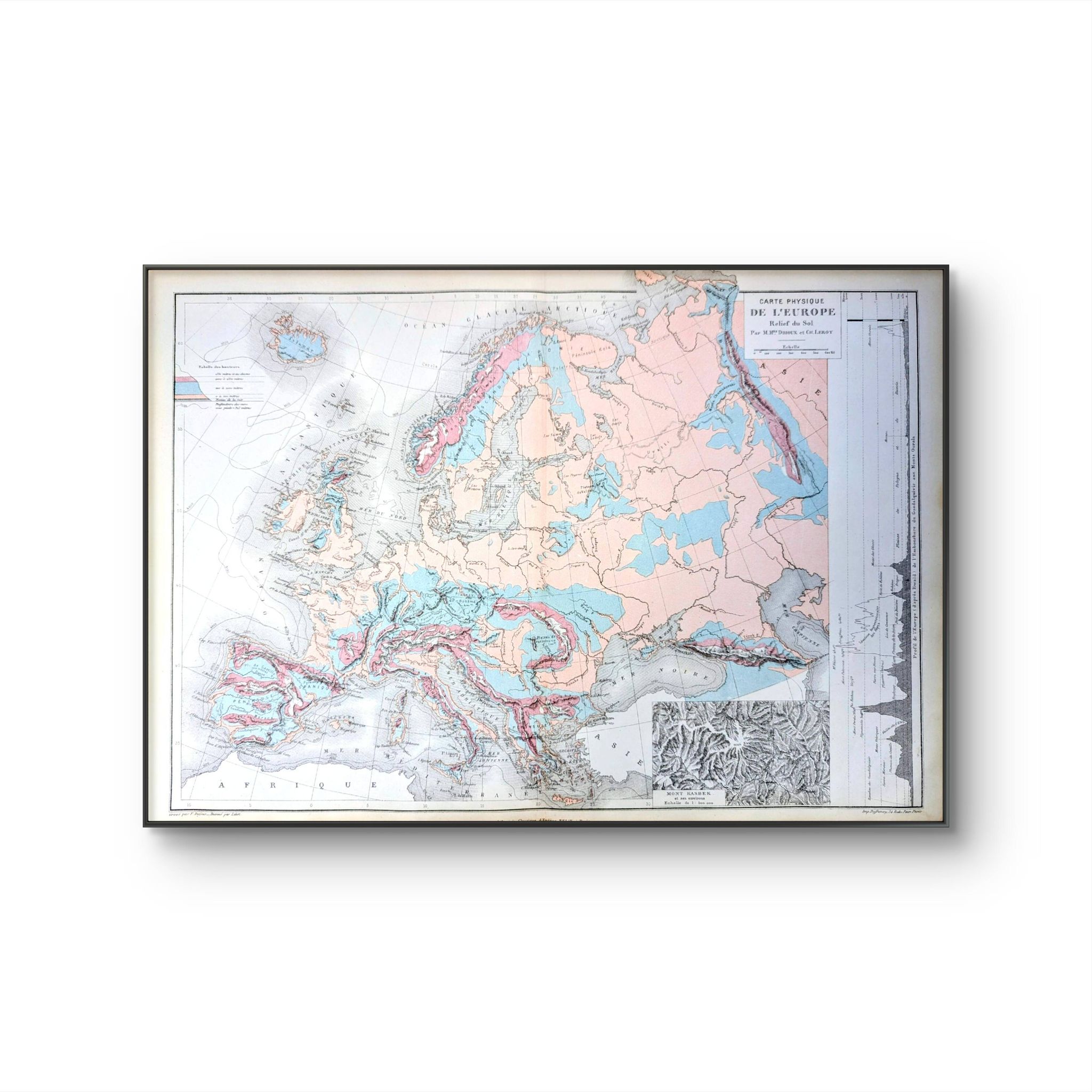 Europe and its reliefs, original map printed in 1879.