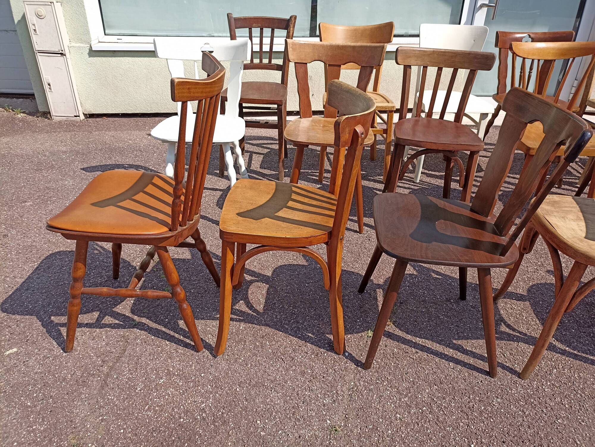 Set of 18 mismatched wooden bistro chairs - vintage