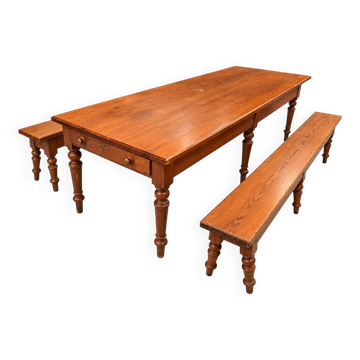 Farmhouse table and benches – Louis-Philippe style – Pitch pine