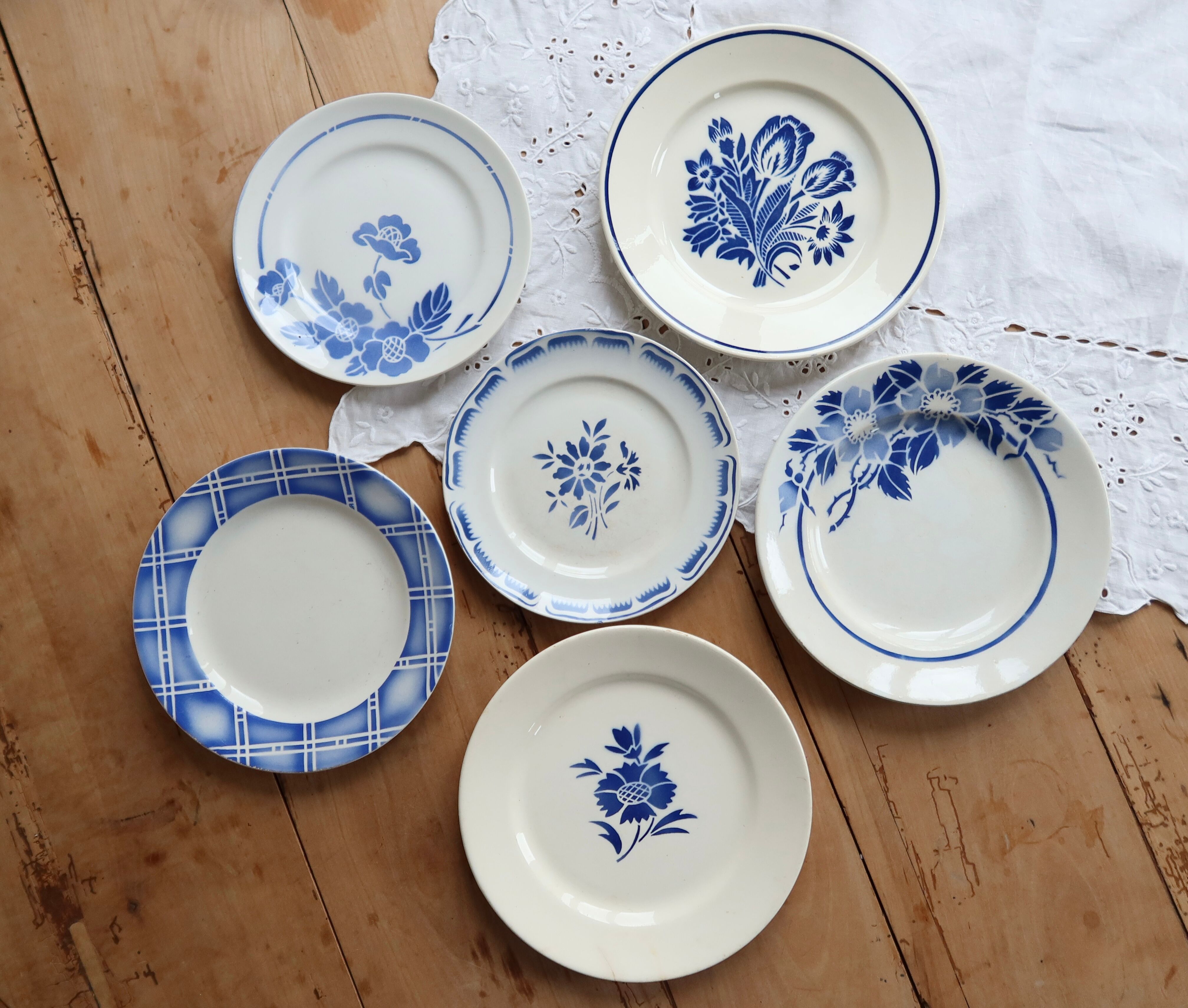 6 vintage mismatched blue and white earthenware dessert plates
