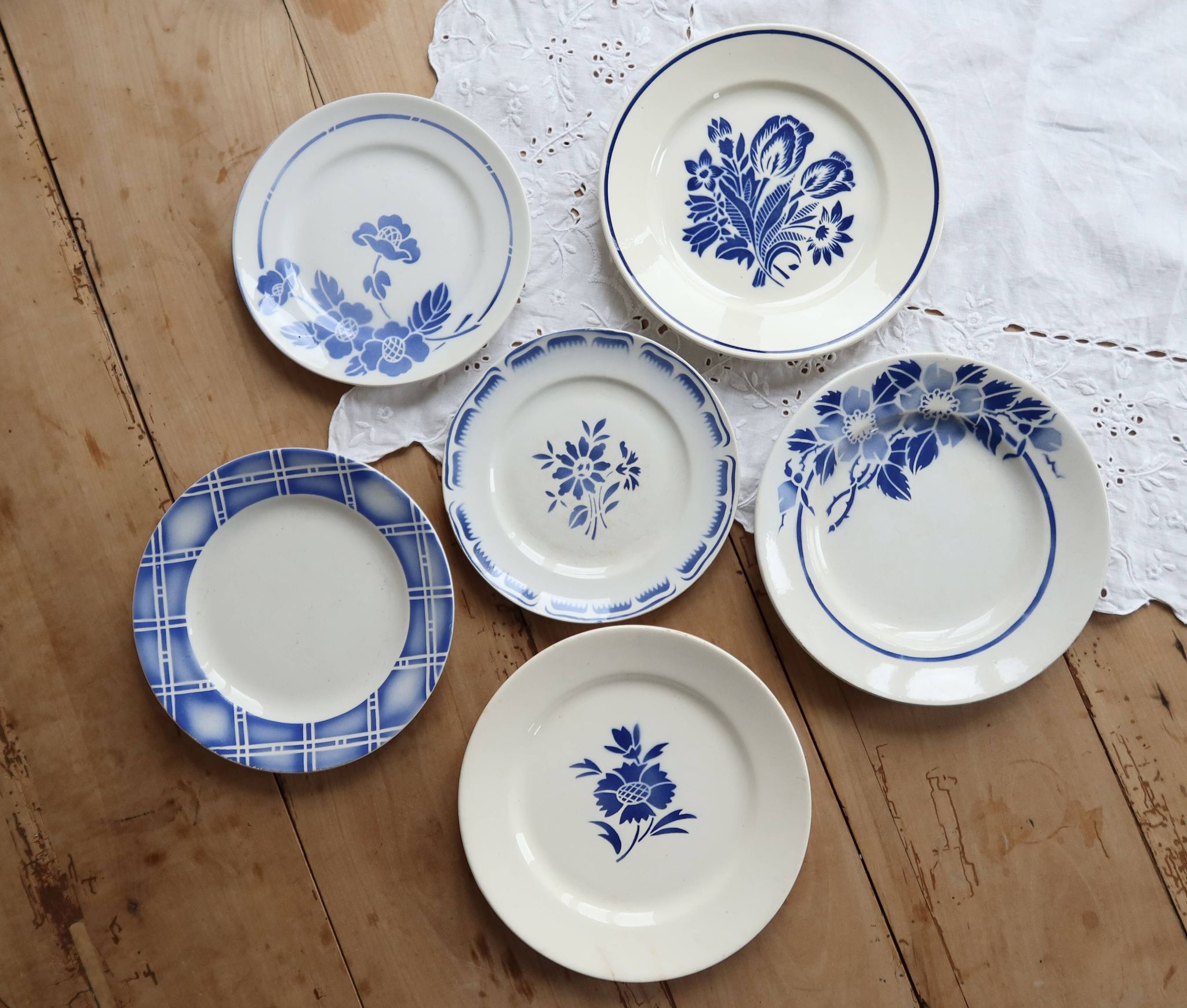 6 vintage mismatched blue and white earthenware dessert plates
