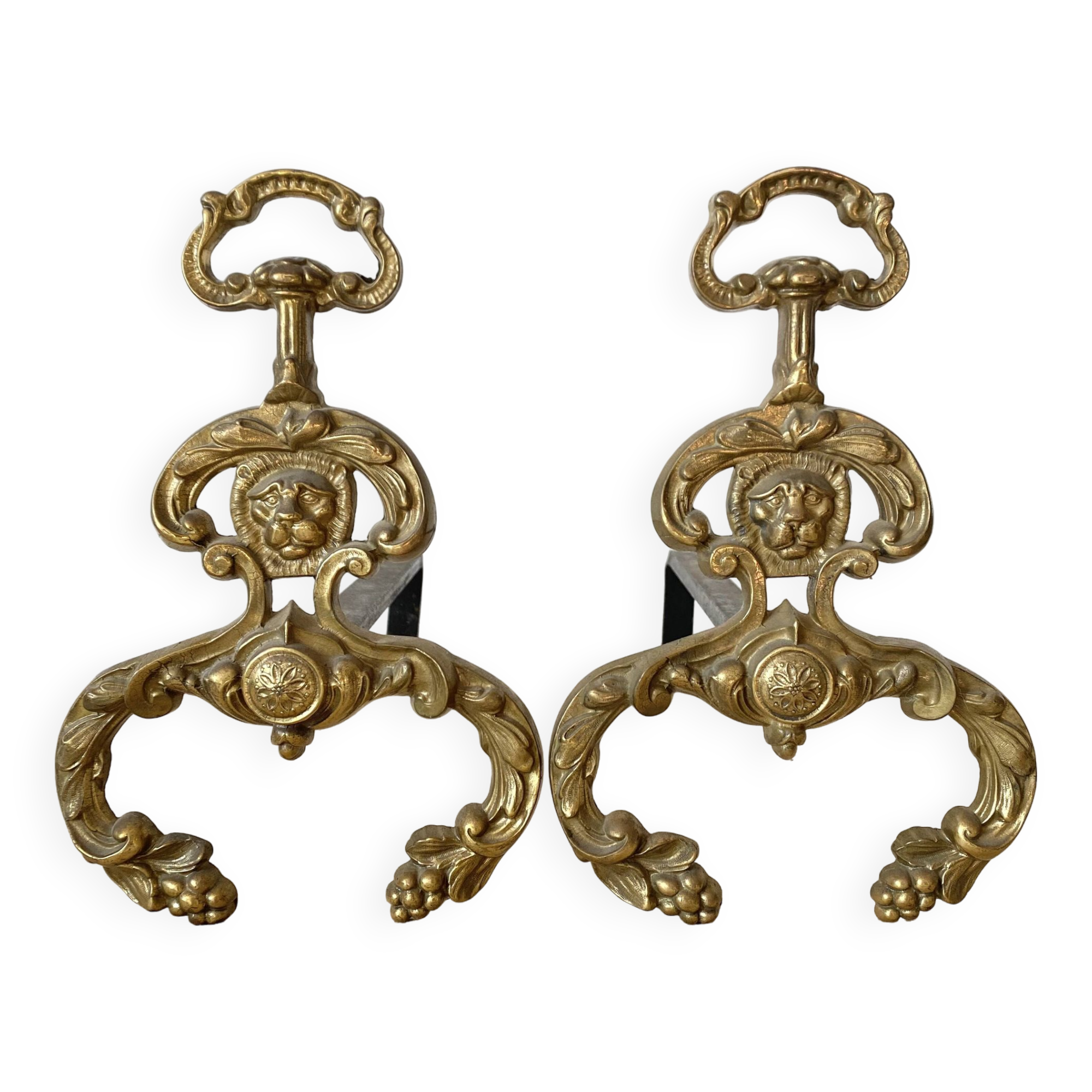 Pair of brass andirons, lion head