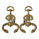 Pair of brass andirons, lion head