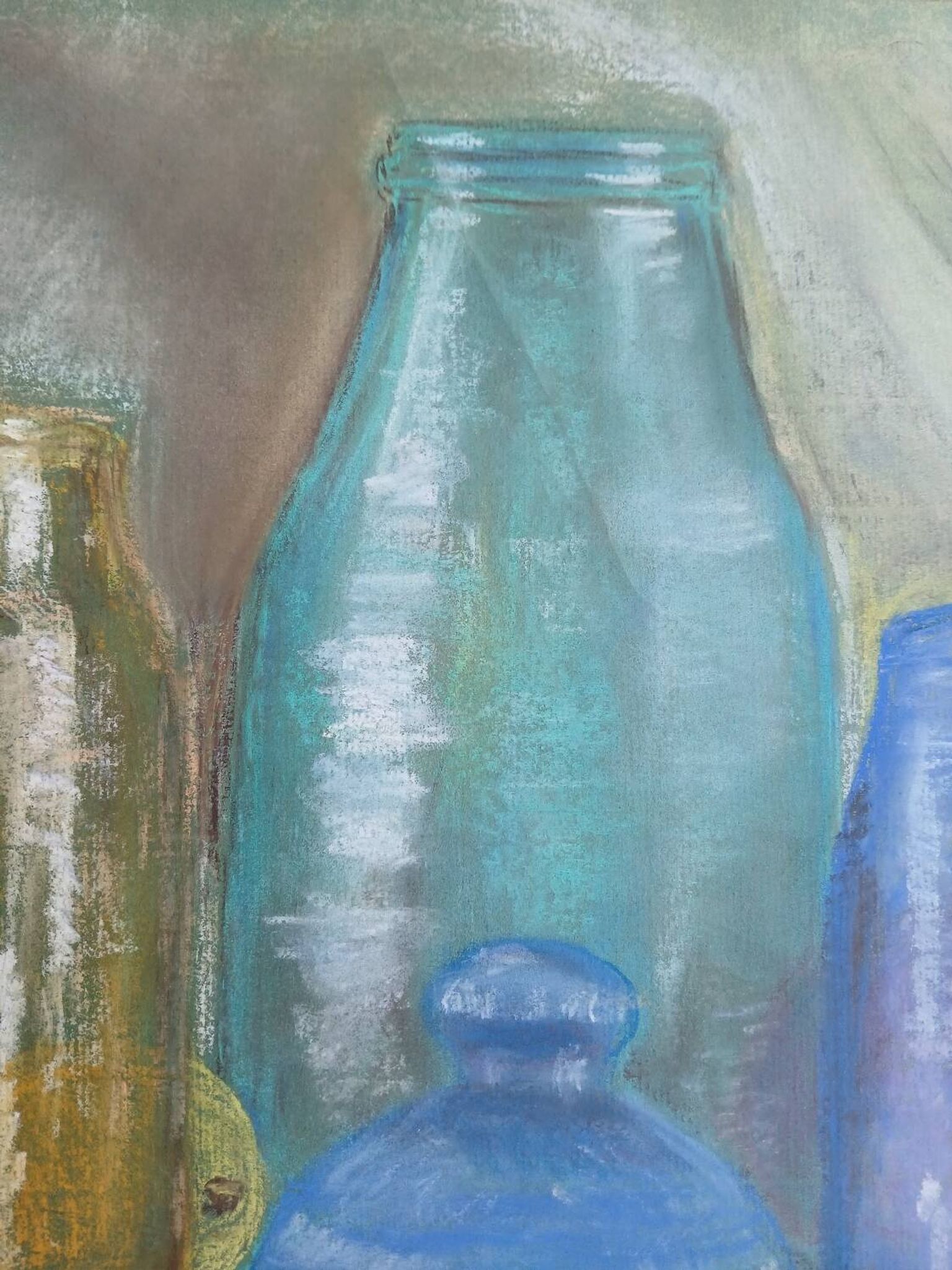 Dessin aux pastels bocaux et bouteilles