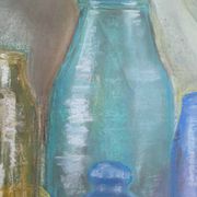 Dessin aux pastels bocaux et bouteilles