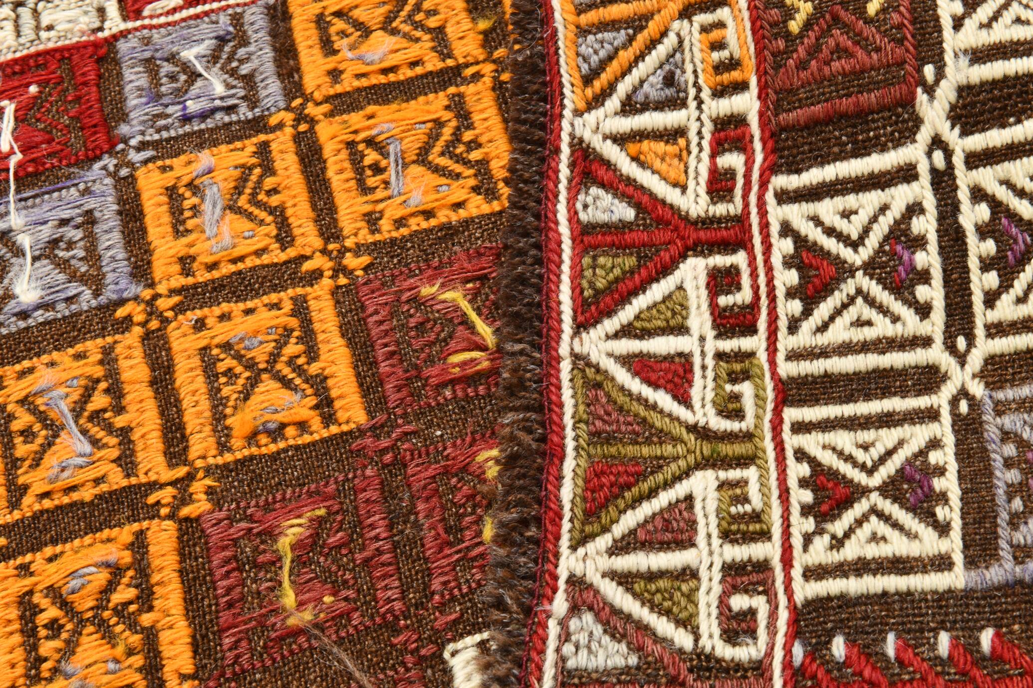 Deep Burgundy & Mustard Yellow Star Pattern Turkish Kilim Rug, 145x282 Cm