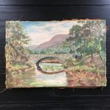 Old painting the bridge over the river