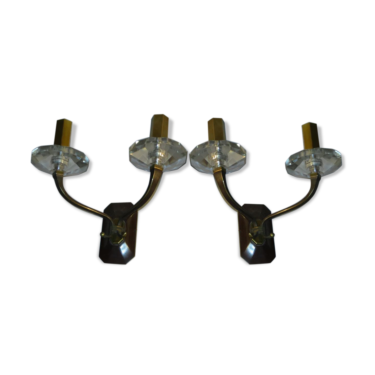 Pair of double wall Art Deco bronze and Crystal