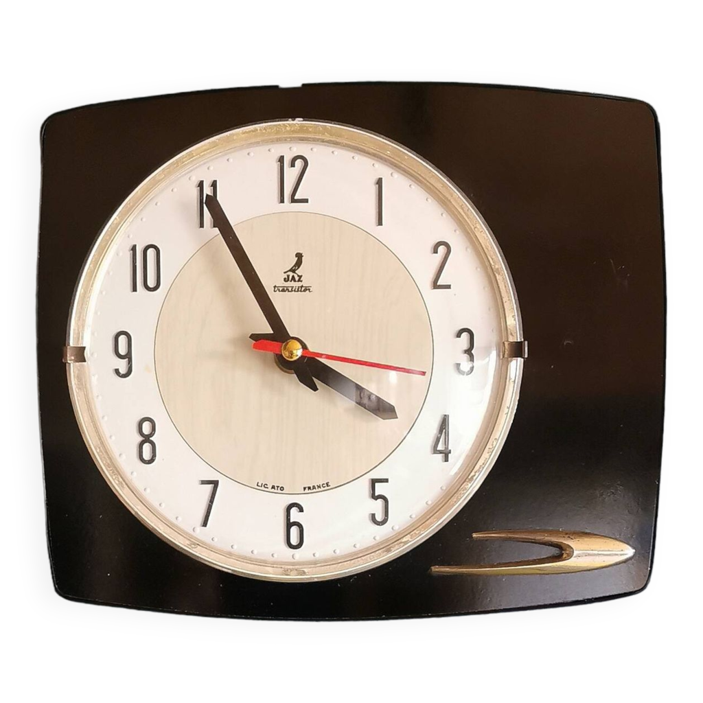 Vintage Formica clock rectangular silent wall pendulum Jaz black maple Selency