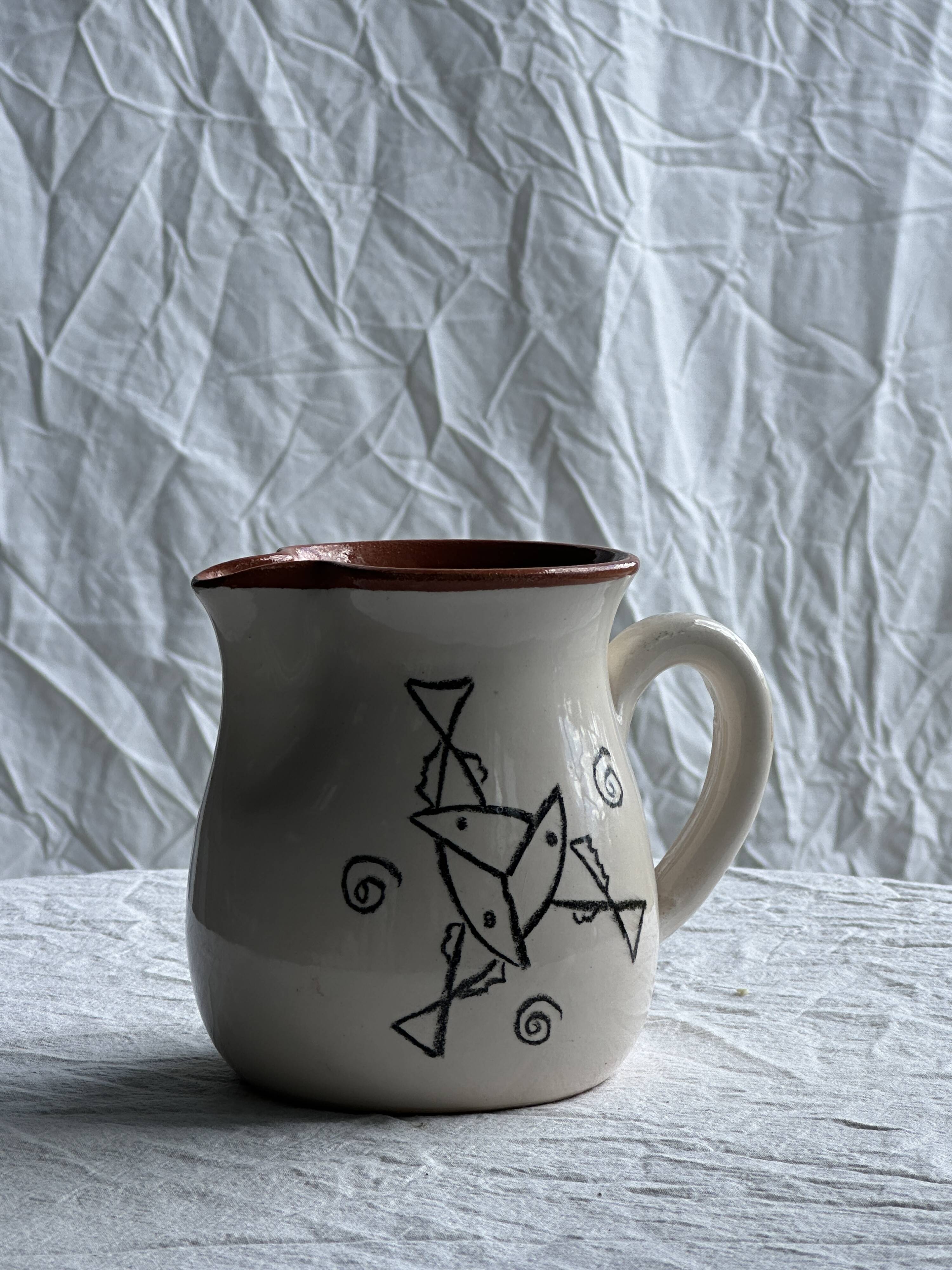 Small handmade white and ocher earthenware pitcher Sifnos Apostolidis Hand Made