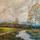 Landscape with birch trees signed Billeque