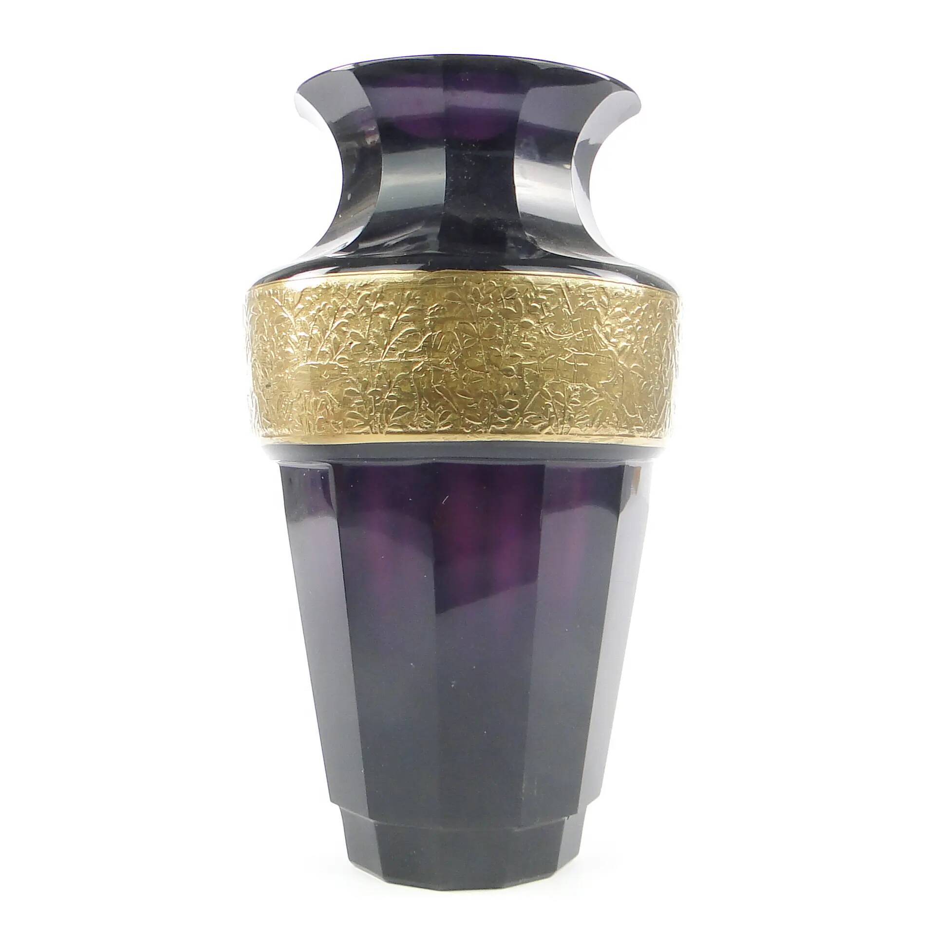 Art Deco vase, manganese glass, oroplastic, Czechoslovakia, 1930s