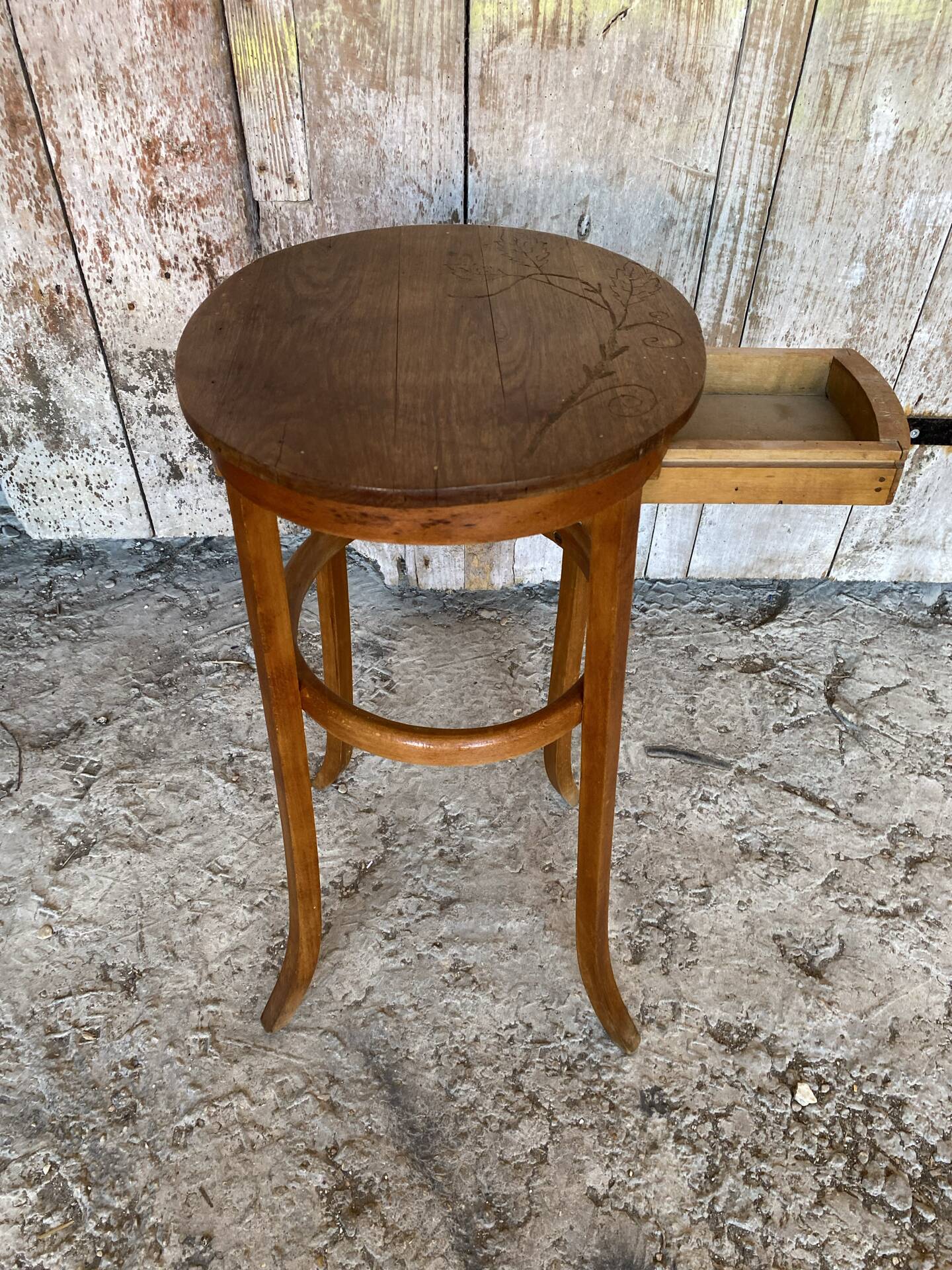 Antique Bedside Table Curved Wood THONET Style + Carved Drawer Wine