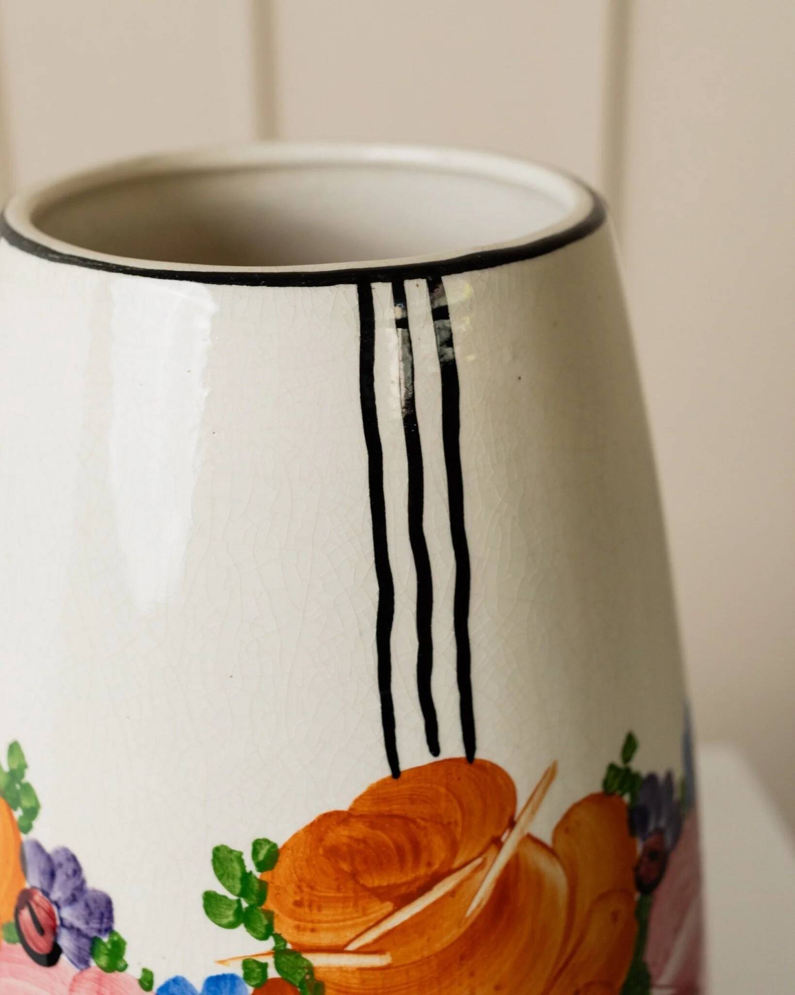 Cream Ceramic Vase by Zeh Scherzer - Hand-Painted Bulbous Mid-Century Floral Stripe, 1970s